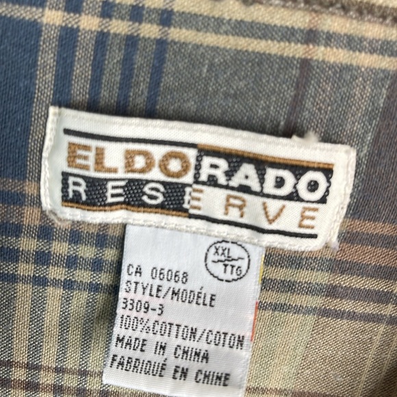 VINTAGE 90s Eldorado Reserve Mens Plaid Button Up Shirt Taupe Blue Cotton XXL - Picture 9 of 12